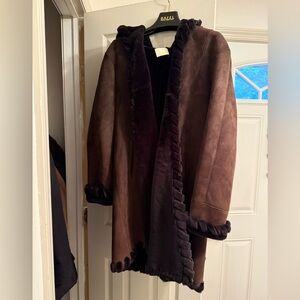 Brown Shearling Coat with Whipstitch Trim